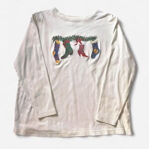 Vtg Christmas Shirt Long Sleeve Stockings Western‎ Cowboy Boots Holiday 1X Women